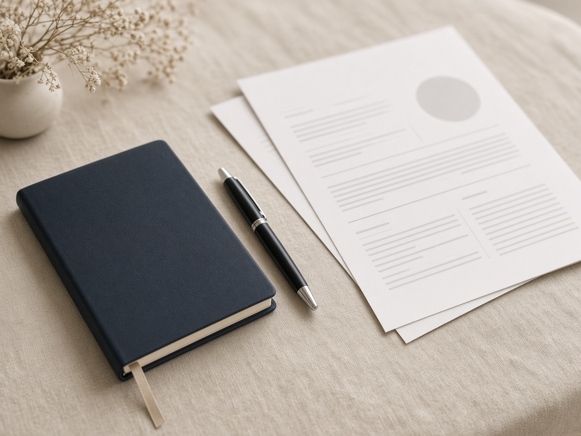 Notizbuch und Stift neben einem ausgedruckten Lebenslauf