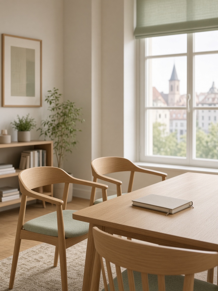 Ruhiges Beratungszimmer mit Tageslicht und zwei Stühlen am Tisch
